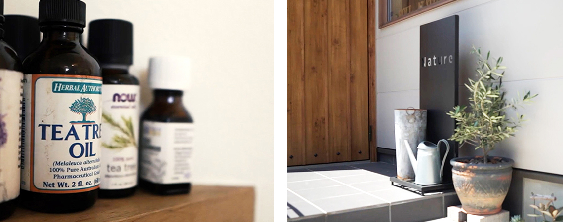 Nature（平塚市の治療室）の外観と施術で使用するアロマオイルの写真
